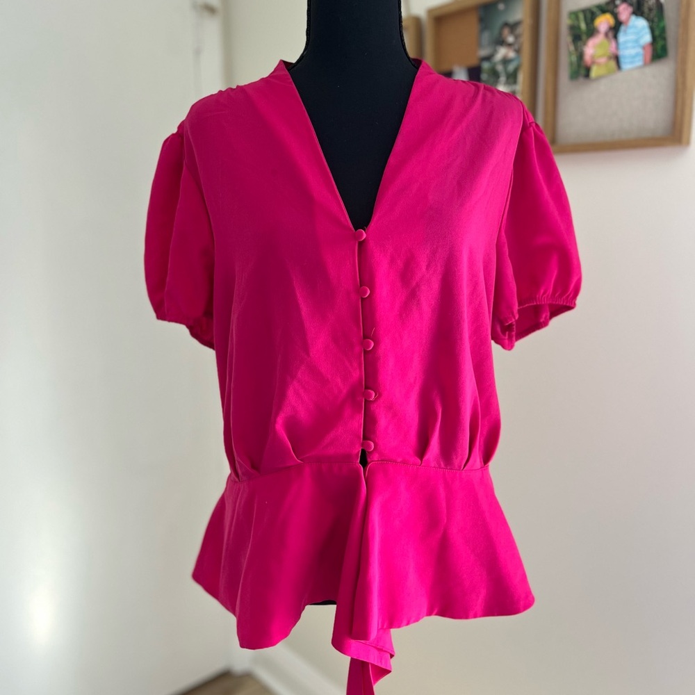New York & Company Fuchsia Button-Up Peplum Blouse